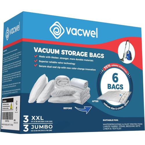 Vacwel 6-Pack Variety - Vacuum Storage Bags for Clothes Storage Large Comforters & Bedding - Vacuum Seal Bags for Blankets Storage - 3x XXL (47x35in)   3x Jumbo (43x30in)