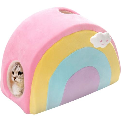 All Fur You Small Rainbow Cat Cave Kitten Bed Cat House for Indoor Cats Cat Hideaway Cubby Dome Bed Igloo Pet Cave Dog Home Pet Cubes Warm Felt Cozy Caves Cat Bed Cat Hut Covered Beds Tent Catbed Paw