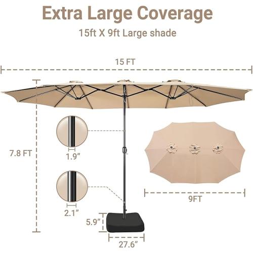 Bigroof 15ft x 9ft Patio Double-Sided Umbrella with Base & Crank, Extra Large Rectangular Outdoor Umbrella for Patio, Lawn & Garden, Beige