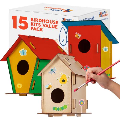 Birdhouse Kit - 15 Unfinished Wood Bird Houses for Children to Paint - Wood Craft Project Kits for Kids - Wooden Arts & Craft for Girls & Boys