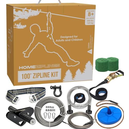 Hyponix Zip Line Kit for Kids & Adults 65' Backyard Zipline for Outdoor — 350lb Capacity, 1/4 Stainless Steel Cable, 7.5' Spring Brake, Ratchet System, Cushioned Seat, Gifts for Kids