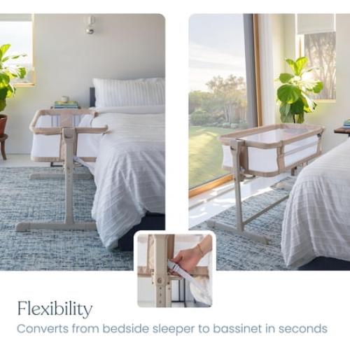 HALO BassiNest 2-in-1 Height-Adjustable Bedside Sleeper with Mattress Pad and Fitted Sheet, Oat