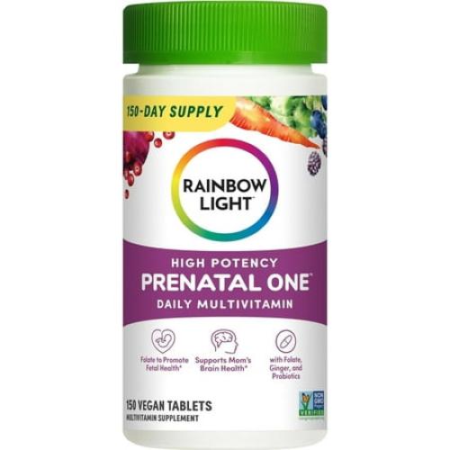 Prenatal One High Potency Daily Multivitamin with Folate, Ginger and Probiotics | 150 Vegan Tablets | by Rainbow Light