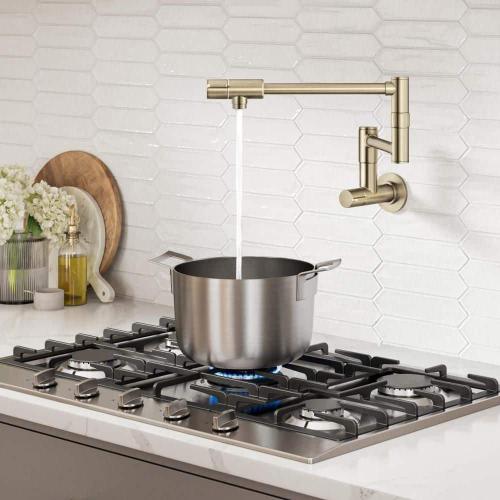 Bolden Wall Mount Pot Filler Kitchen Faucet with Retractable Arm in Spot-Free Antique Champagne Bronze