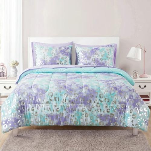 Your Zone Metallic Foil Cheetah Full Bedding Set for Kids, Purple, 7 Pieces with Storage Bag