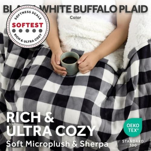 Sunbeam Electric Heated Throw Blanket Black/White Plaid Microplush Faux Shearling 4 Heat 50x70
