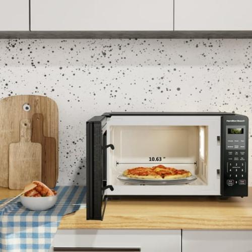 Hamilton Beach 0.9 Cu ft Countertop Microwave Oven, 900 Watts, Black Stainless Steel, New