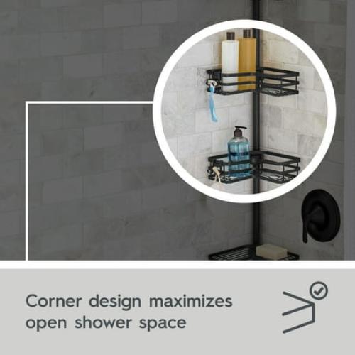 Better Homes & Gardens Tension Pole Shower Caddy, Resists Rust, 3 Tier Caddy, 5 - 9 ft, Matte Black