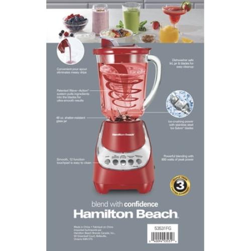 Hamilton Beach Wave Action Quiet Blender, 48 oz. Glass Jar, 12 Blending Functions, Red, MISSING CONTAINER
