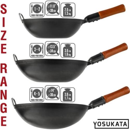 YOSUKATA 13.5 Pre-Seasoned Carbon Steel Wok Pan, Flat Bottom Stir Fry Pan for Gas, Electric, Induction & Open Fire, Traditional Asian Cookware for Kitchen, BBQ & Camping Use