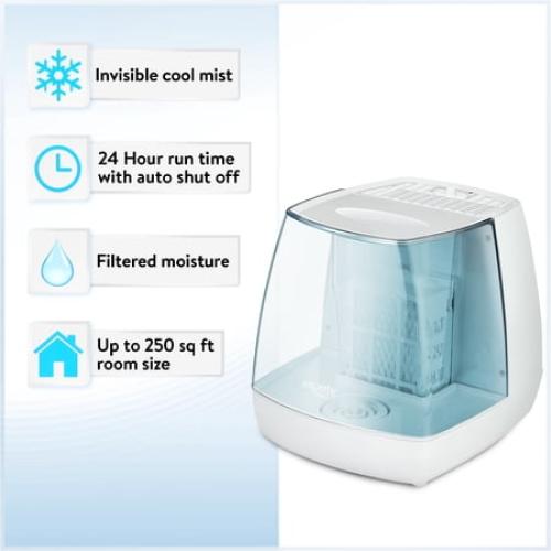 Equate 1.1 Gallon 250 Sq ft Invisible Cool Mist Humidifier, White & Blue