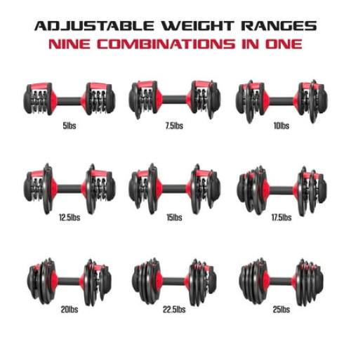 FitRx SmartBell 1 Pack, 25lbs. Quick-Select 9 in 1 Adjustable Dumbbell for Home Gym, 5-25lbs. Weight in 2.5lbs Increments