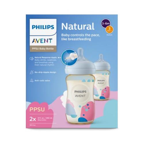 2Pack 9oz Philips Avent Ppsu Natural Baby Bottles with Medium Flow Nipples (Flow 3), 9oz, with Decoration, 2-Pack, SCY943/02