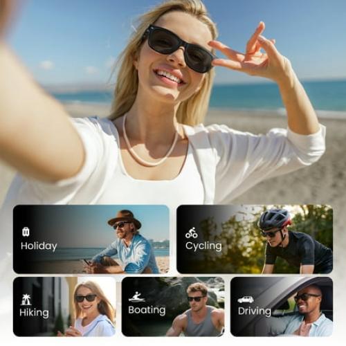 WeariQ Bluetooth Smart Glasses – Shiny Black Audio Sunglasses – Black Polarized Lenses, Open-Ear Speaker, 10-Hour Playtime, Hands-Free Calls, Voice AssistantHands-Free Calls & Music