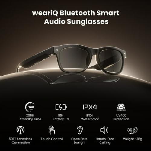 WeariQ Bluetooth Smart Glasses – Shiny Black Audio Sunglasses – Black Polarized Lenses, Open-Ear Speaker, 10-Hour Playtime, Hands-Free Calls, Voice AssistantHands-Free Calls & Music