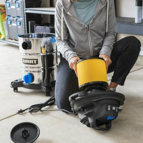 HART 8 Gallon Wet/Dry Vacuum, 6 Peak HP Motor, Stainless Steel Tank, Convertible to Blower, On-Board Storage, 17 ft Cleaning Reach