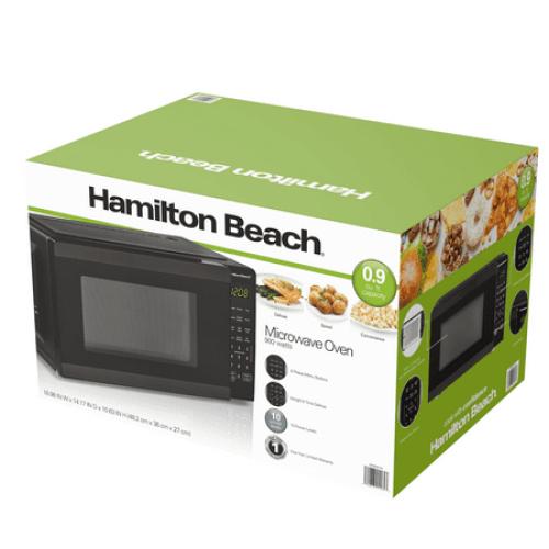 Hamilton Beach 0.9 Cu ft Countertop Microwave Oven, 900 Watts, Black Stainless Steel, New