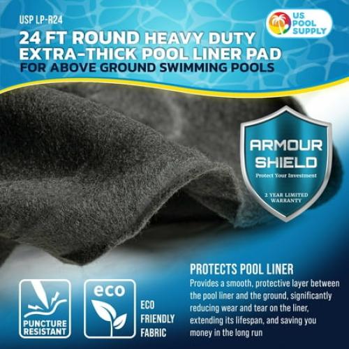 Black 24Ft U.S. Pool Supply Armour Shield 24-Foot Round Heavy Duty Pool Liner Pad for Above Ground Swimming Pools - Protects Pool Liner, Prevents Punctures, Weed Barrier, Eco-Friendly Fabric - Extends Liner Life