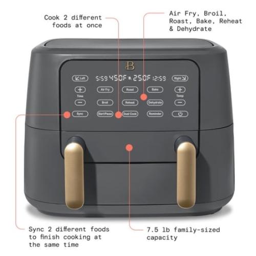 Beautiful 9 QT TriZone Air Fryer, Oyster Grey by Drew Barrymore