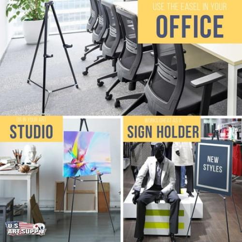 U.S. Art Supply 66 High Showroom Black Aluminum Display Easel and Presentation Stand, Adjustable Floor and Tabletop Use