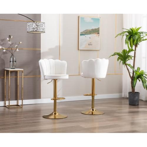 Guyou Swivel Adjustable Bar Stools Set of 2, Velvet Counter Height Barstools with Petal Back and Gold Footrest, Modern Counter Bar Height Stool Chairs for Kitchen Island Bar Cafe, Cream