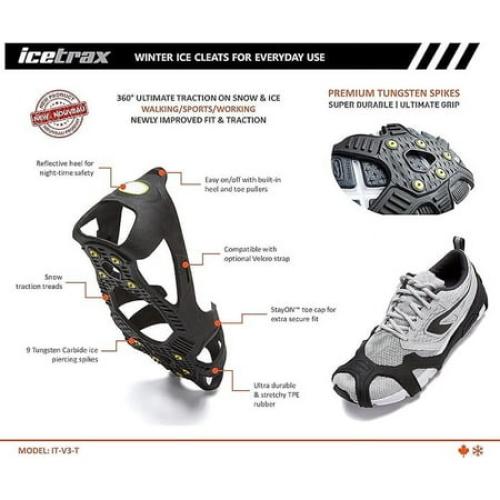 ICETRAX V3 Tungsten Crampons, Ice Cleats for Shoes and Boots - Ice Grips for Snow and Ice, Non-Slip Shoe Grippers with Reflective Heel (Black, S/M)