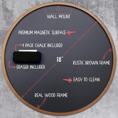 Better Office Products Round Magnetic Chalkboard with Wooden Frame for Office and Home, 18x18 inches with Mounting Hardware, 4-Piece Chalk Set, and Eraser Included (Rustic Brown)