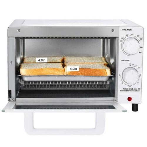 Mainstays 4 Slice Countertop Toaster Oven with 3 Settings, Includes Baking Rack and Pan, Arctic White, New