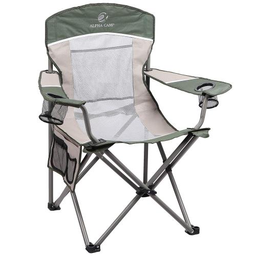 ALPHA CAMP Oversized Mesh Back Camping Folding Chair Heavy Duty Support 350 LBS Collapsible Steel Frame - Black Grey