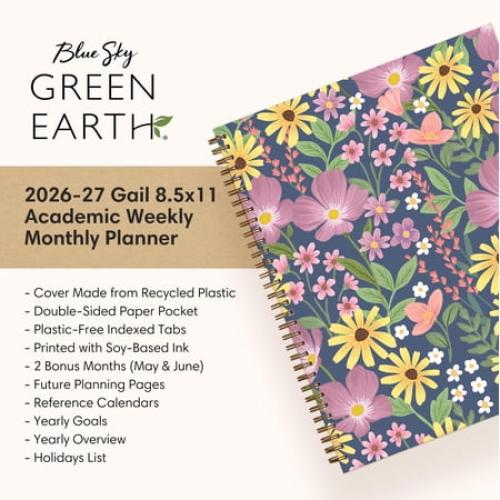 Blue Sky Sustainability 2026-2027 Weekly and Monthly Academic Year Planner Calendar, July 2026 - June 2027, 8.5 x 11, Flexible Cover From Recycled Plastic, Laminated Tabs, Storage Pocket, Gail