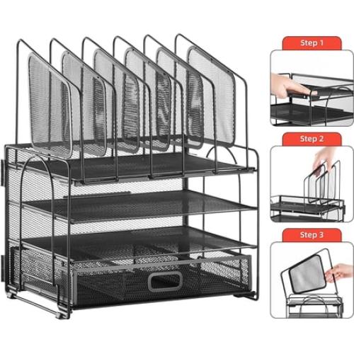 Marbrasse Desk Organizer with Drawer, 4-Tier Mesh Desk File Organizer with 5 Vertical File Holders and 2 Pen Holders, Multifunction Desktop Organizer,Desk Organizers and Accessories for Home Office
