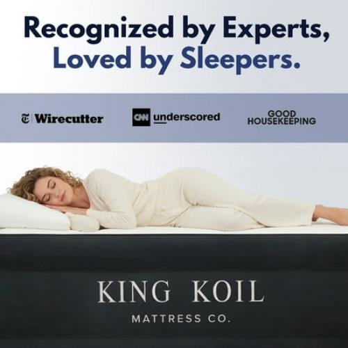 King Koil Luxury Air Mattress Queen with Built in Pump, Integrated Premium Pillow Inflatable Airbed for Guests, Camping & Home