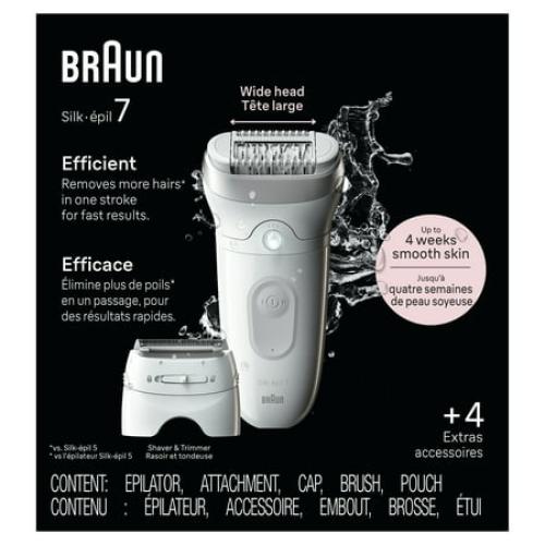 Braun Silk-epil 7 Epilator, Wet and Dry, Wide Head, Includes Shaver Head and Trimmer Comb, SE7-041, Silver