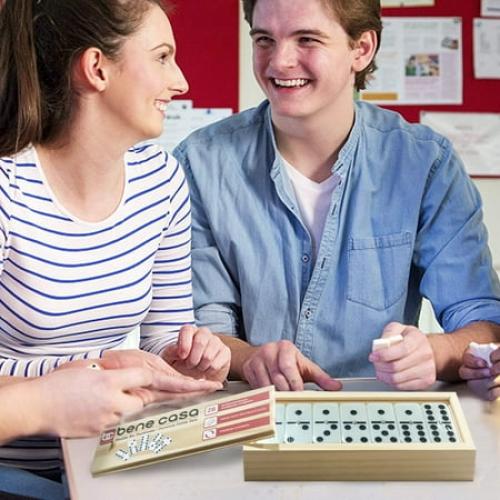 Bene Casa 28-Piece Handcrafted Glossy White Double 6 Domino Set with Wooden Storage Box