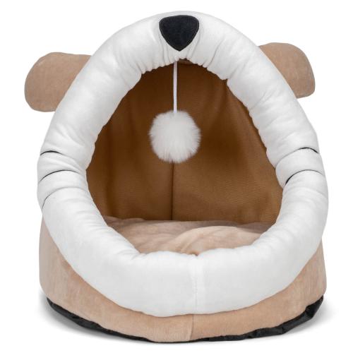 Nat & Jules Kitty Cat Face 15 inch Plush Fabric Cave Bed with Dangle Toy Warm Beige