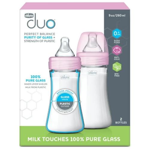 Chicco Duo Hybrid Baby Bottle, Invinci-Glass Inside/Plastic Outside, 9oz, 2-Pack - Pink, New