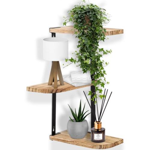 Halter 3-Tier Zigzag Corner Floating Shelf 3 lb, Brown Wood, for Home Decor