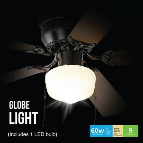 Mainstays 52 inch Hugger Indoor Ceiling Fan with Light Kit, Black, 5 Blades,, Reverse Airflow