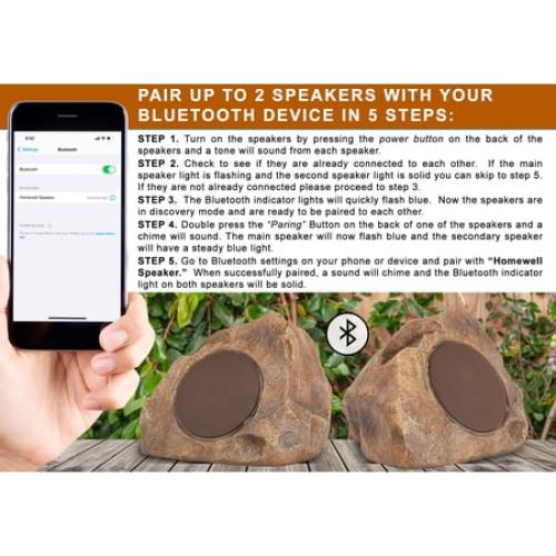 Homewell Outdoor Rock Speaker Solar-Powered Wireless Bluetooth 5.0 Portable Speaker Weatherproof for Patio, Pool, Deck, Yard, Garden and Home (2-Pack, Brown)