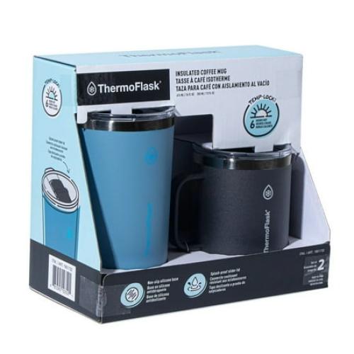 ThermoFlask Stainless Steel Insulated Coffee Mug Set, 2 Pack (Blue/Black)