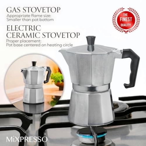 Mixpresso 3 Cup Moka Pot Coffee Maker for Gas, Electric Stove Top, Classic Italian Espresso Maker, Stovetop for Camping, Makes 5 Oz Cuban Coffee