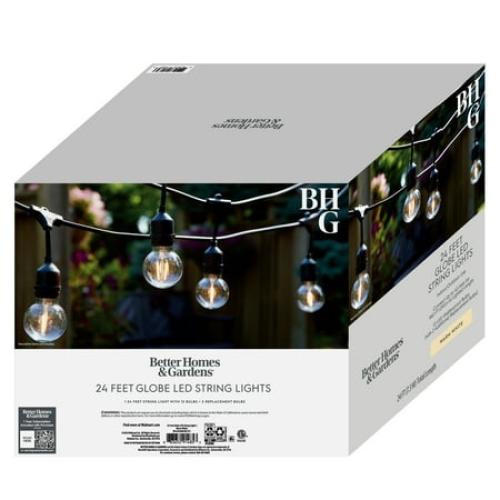 Better Homes & Gardens 24ft LED Globe String Lights, 12 Bulbs, Indoor/Outdoor, Warm White, 1 Count