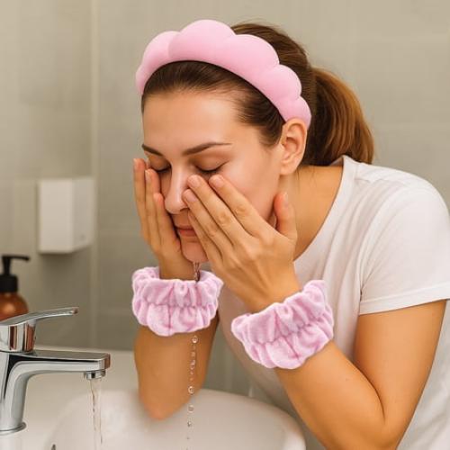 Skintimate Spa Headband & Wristband Set - Soft, Comfortable, Splash Proof Terry, Color black