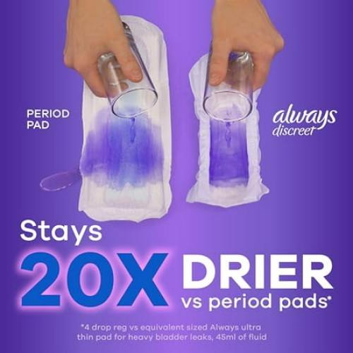 Always Discreet Adult Incontinence Pads for Women, Heavy Absorbency, Long Length, Postpartum Pads, 64 CT