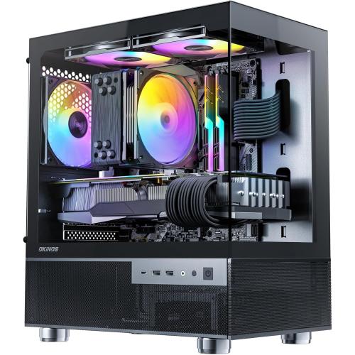 Okinos Aqua 3, Micro ATX Case, MATX PC Case with 3 X 120mm 3-Pin ARGB Fan Pre-Installed, Panoramic View Tempered Glass Front & Side Panel, with Type C Port, Black