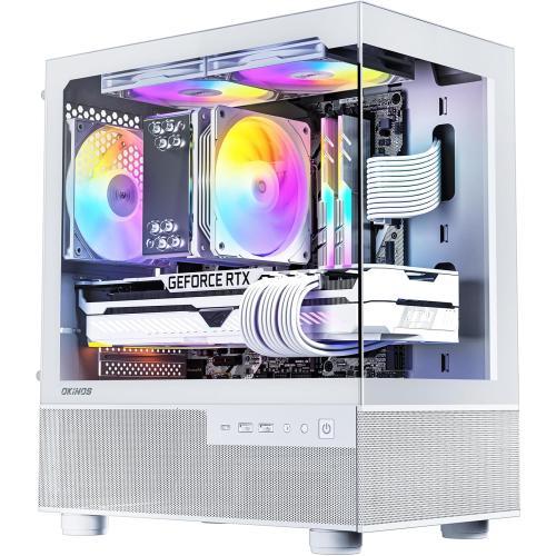 Okinos Aqua 3, Micro ATX Case, MATX PC Case with 3 X 120mm 3-Pin ARGB Fan Pre-Installed, Panoramic View Tempered Glass Front & Side Panel, with Type C Port, White