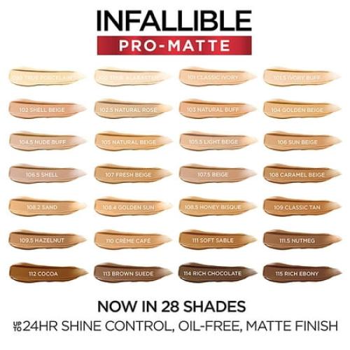 L'Oreal Paris Infallible Pro-Matte Liquid Foundation Makeup, 105 Natural Beige, 1 fl oz