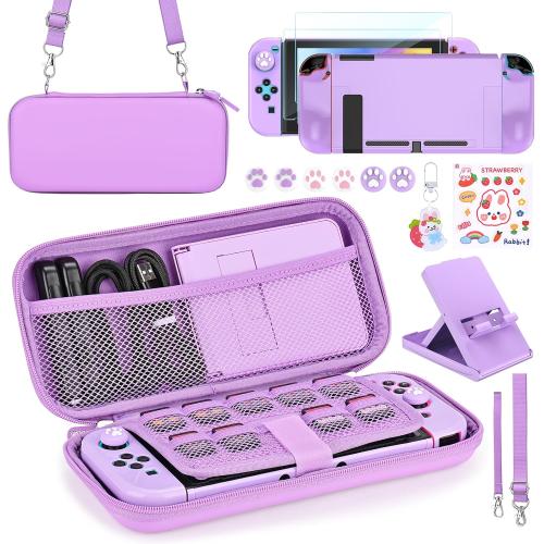 Younik Switch Accessories Bundle 17 in 1 Purple Switch Accessories Kit for Girls Include Switch Carrying Case Adjustable Stand Protective Case for Switch Console & J-Con