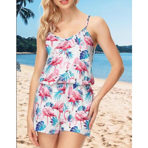 RAISEVERN Womens Flamingo Romper Pink Summer Casual Cute Short Jumpsuit Hawaiian Tropical Luau Leaves Print Adjustable Spaghetti Straps Loose V Neck Sleeveless White Cami Rompers with Pockets