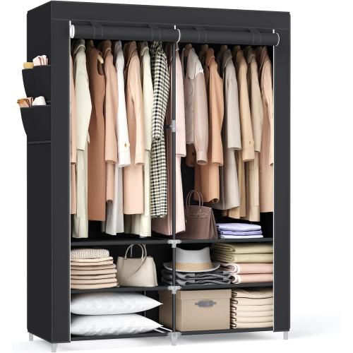 Size Large SONGMICS Portable Closet Wardrobe with Shoe Rack and Cover, Closet Storage Organizer, 2 Hanging Rods, Shelves, an, Spacious for Bedroom, Black